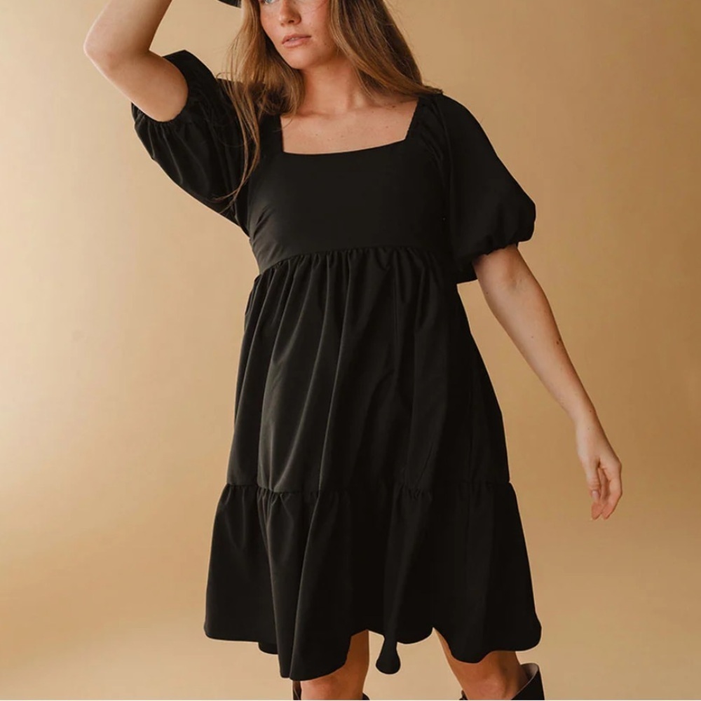 Albion XS Middleton Black Mini Dress with Puff Sleeves